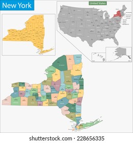 Map Of New York State Designed In Illustration With The Counties And The County Seats