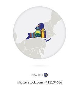Map of New York State and flag in a circle. New York US State map contour with flag. Vector Illustration.