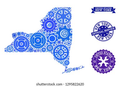 Map of New York State formed with blue wheel symbols, and isolated scratched seals for official repair services.