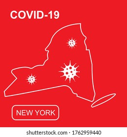 Map of New York State labeled "COVID-19". White outline map on a red background. Vector illustration of a virus, coronavirus, epidemiology.