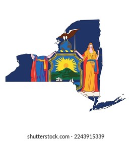 Map of the New York state with its official flag isolated on white background. Vector illustration