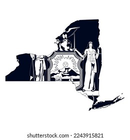 Map of the New York state with the official flag in white and black colors isolated on white background. Vector illustration