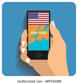 Map of New York, USA smartphone navigator in hand man. Modern flat design vector illustration concept of man holding smartphone with mobile gps navigation. Isolated on blue background with shadow