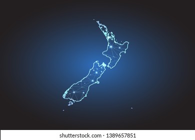 Map of New Zealand - Abstract mash line and point scales on circuit dark background. Wire frame 3D mesh polygonal network line, design sphere, dot and structure. Vector illustration eps 10.