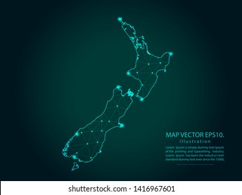 Map of new Zealand - Abstract mash line and point scales on dark gradient background. Wire Frame 3D mesh polygonal network line, design sphere, dot and structure. Vector illustration eps 10.