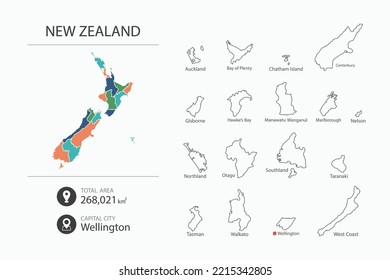 Map of New Zealand with detailed country map. Map elements of cities, total areas and capital.