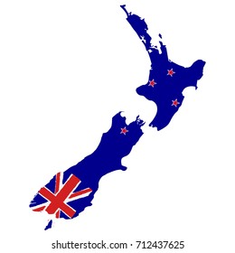 Map of New Zealand with Flag. Hand Painted with Brush. Vector Illustration.