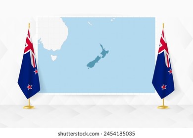 Mapa de Nueva Zelanda y banderas de Nueva Zelanda en el stand de la bandera. Ilustración vectorial para la reunión de diplomacia.