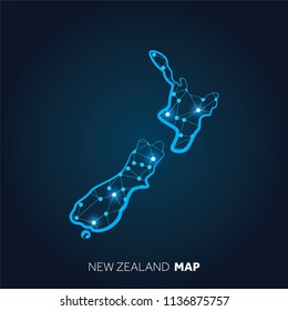 Map of New Zealand made with connected lines and glowing dots.