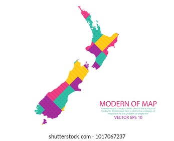 Map of New Zealand - Modern Geometric dots and lines background, colorful carving art - blue, yellow and violet. Vector illustration eps 10.