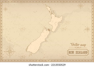 Map of New Zealand in the old style, brown graphics in retro fantasy style.