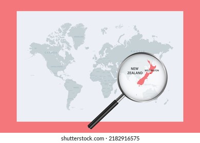 Map of New Zealand on political world map with magnifying glass