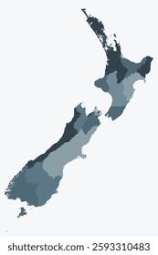 Map of New Zealand with regions. Just a simple country border map with region division. Blue grey color palette. Plain New Zealand shape with administrative division. Vector illustration.