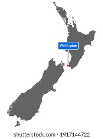 Map of New Zealand with road sign Wellington