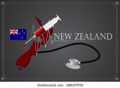 Map of New zealand with Stethoscope and syringe.