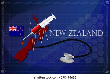 Map of New zealand with Stethoscope and syringe.