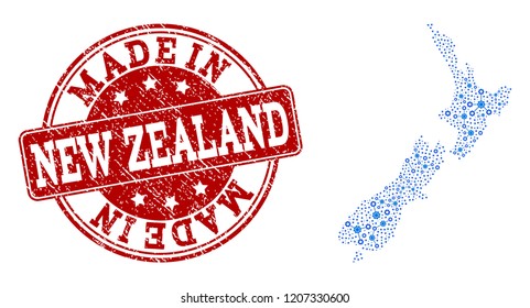 Map of New Zealand vector mosaic and Made In grunge stamp. Map of New Zealand created with blue cog relations. Made in red seal with grunge rubber texture.