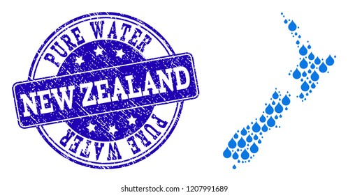 Map of New Zealand vector mosaic and Pure Water grunge stamp. Map of New Zealand designed with blue water raindrops. Seal with scratched rubber texture for pure drinking water.