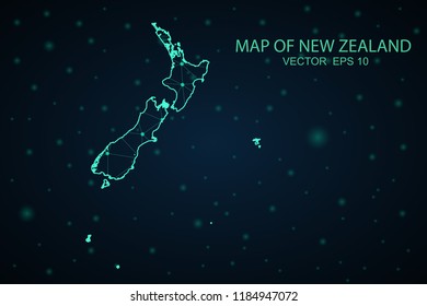 Map New Zealand. Wire Frame 3D mesh polygonal network line, design sphere,New Zealand map on dark background. Vector illustration eps 10.