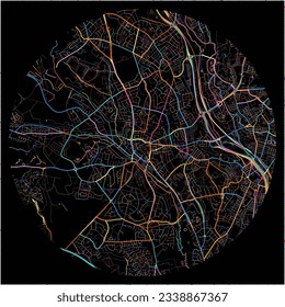 Map of Newcastle-under-Lyme, West Midlands with all major and minor roads, railways and waterways. Colorful line art on black background.