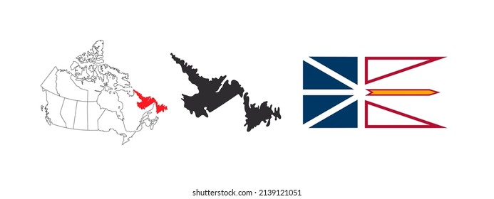 Map of Newfoundland and Labrador. Flag of Newfoundland and Labrador. Provinces and territories of Canada. Vector illustration