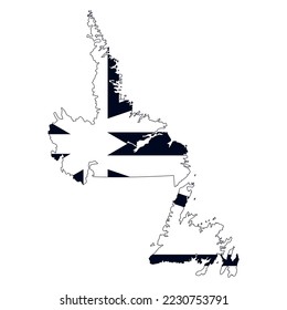 The map of the Newfoundland and Labrador province with its official flag in black and white color isolated on white background. Vector illustration