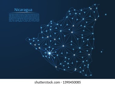 Map of Nicaragua connection. Vector low-poly image of a global map with lights in the form of cities or population density, consisting of points and shapes in the form of stars and space.