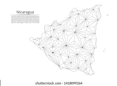 Map of Nicaragua connection. Vector low-poly image of a global map with lights in the form of cities or population density, consisting of points and shapes  and space. Easy to edit