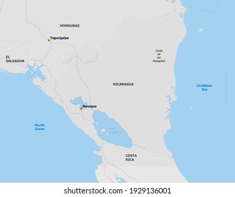 Map of Nicaragua. Map is drawn in high detail and for clarity shows only major cities. Country is drawn with neighboring countries.