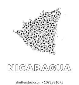 map of nicaragua filled with soccer balls of different sizes and name of country on white background