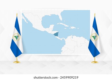 Map of Nicaragua and flags of Nicaragua on flag stand. Vector illustration for diplomacy meeting.