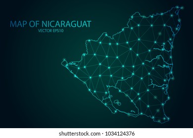 Map of Nicaragua - With glowing point and lines scales on The dark gradient background, 3D mesh polygonal network connections. Vector illustration eps10.