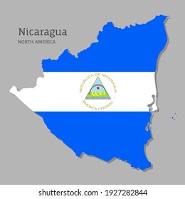 Map of Nicaragua with national flag. Highly detailed editable map of Nicaragua, North America country territory borders. Political or geographical design vector illustration on gray background