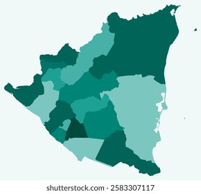 Map of Nicaragua with regions. Just a simple country border map with region division. Teal color palette. Plain Nicaragua shape with administrative division. Vector illustration.