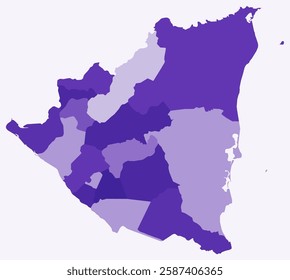 Map of Nicaragua with regions. Just a simple country border map with region division. Deep purple color palette. Flat Nicaragua shape with administrative division. Vector illustration.