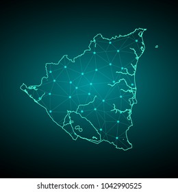 Map of Nicaragua. Wire frame 3D mesh polygonal network line, design sphere, dot and structure. communications map of Nicaragua. Vector Illustration EPS10.