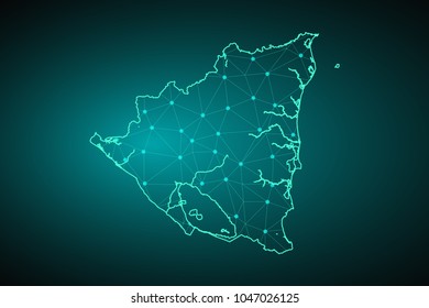 Map of Nicaragua. Wire frame 3D mesh polygonal network line, design sphere, dot and structure. communications map of Nicaragua. Vector Illustration EPS10.
