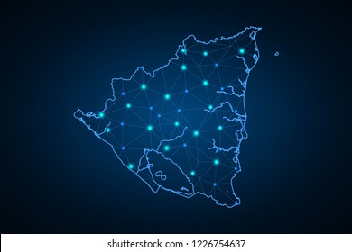 Map of Nicaragua. Wire frame 3D mesh polygonal network line, design sphere, dot and structure. communications map of Nicaragua. Vector Illustration EPS10.