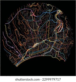 Map of Nice, Alpes-Maritimes with all major and minor roads, railways and waterways. Colorful line art on black background.