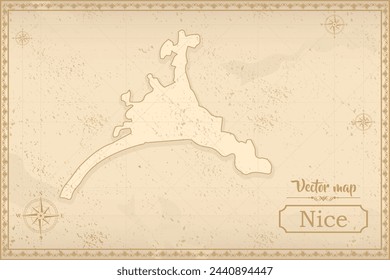 Map of Nice in the old style, brown graphics in retro fantasy style. city in France.