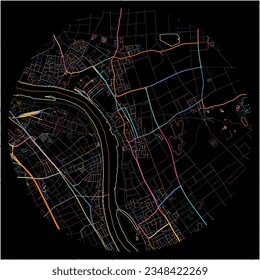 Map of Niederkassel, North Rhine-Westphalia with all major and minor roads, railways and waterways. Colorful line art on black background.