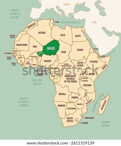 Map of Niger in Africa continent with border, country names, and capital names