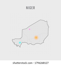 Map of Niger with all states and radar spot on map. Each city has separately for your design. Vector Illustration