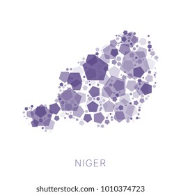 map of Niger filled with abstract mosaic of purple pentagons of different sizes and degrees of transparency with name of the country on white background