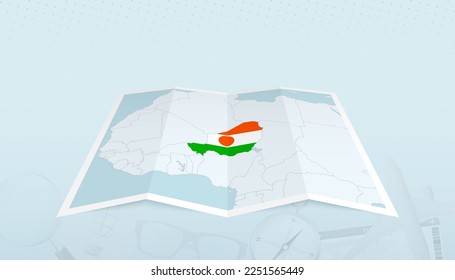 Map of Niger with the flag of Niger in the contour of the map on a trip abstract backdrop. Travel illustration.