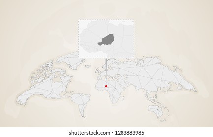 Map of Niger with neighbor countries pinned on world map. Abstract triangles World Map.