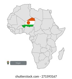 Map of Niger with an official flag. Location on the continent of Africa