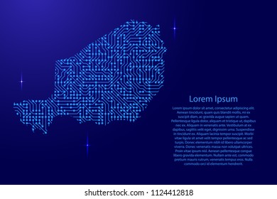 Map Niger from printed board, chip and radio component with blue star space on the contour for banner, poster, greeting card. Computer electronics processor motherboard. Vector illustration. 