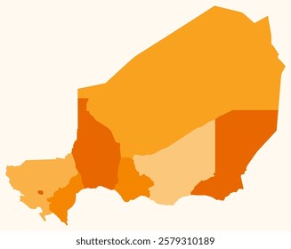 Map of Niger with regions. Just a simple country border map with region division. Orange color palette. Flat Republic of Niger shape with administrative division. Vector illustration.