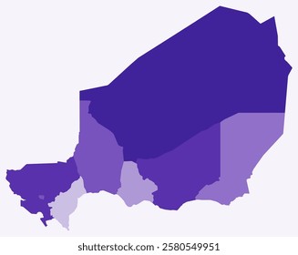 Map of Niger with regions. Just a simple country border map with region division. Deep purple color palette. Blank Republic of Niger shape with administrative division. Vector illustration.